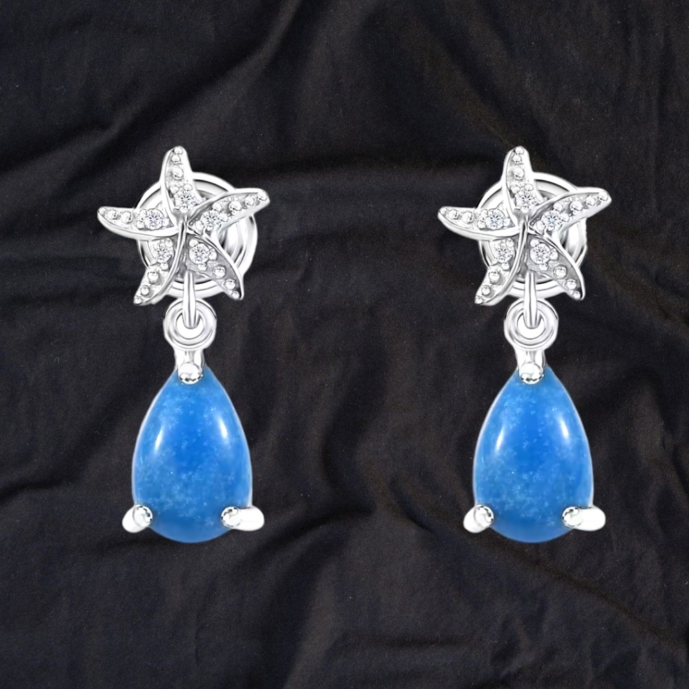 NWT CERULEITE & WHITE ZIRCON STAR FISH EARRINGS IN PLATINUM OVER STERLING SILVER